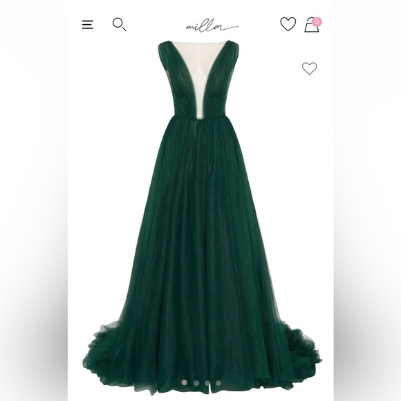 Evening tulle gown with plunging neck, Milla Emerald Green - Picture 5 of 12